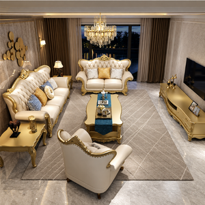 Luxury Modern European Living Room <b>Sofa</b> Set Tufted Cream Upholstered Couch with <b>Gold</b> Carved Wood Frame - Product Image 4