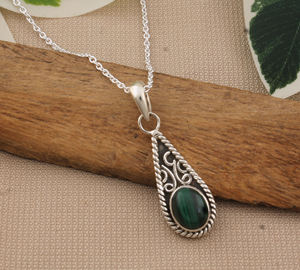 Pendentif vintage en malachite naturelle, argent sterling 925 plaqué platine, véritable collier en malachite verte, bijoux en pierre d'argent - Product Image 4