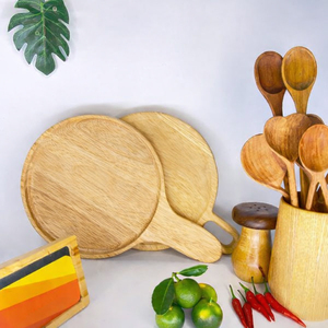 Tabla Redonda de Madera de Caucho Natural Ecológica para Pizza, Paleta Rústica de Madera para Servir, Utensilio de Cocina para Catering, Pan, Queso, Frutas - Product Image 6
