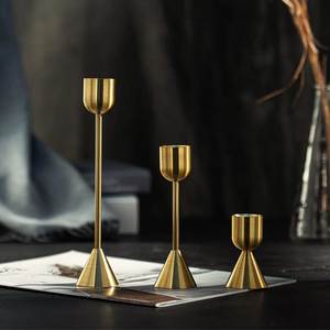 Architectural Brushed <b>Brass</b> Taper <b>Candlestick</b> Set of 3 Geometric Conical Base Metal Candle Spires with Goblet Cups - Product Image 2