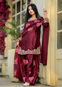 Embroidered Salwar Kameez Set Japan Satin Floral Sequin Work Outfit Women Pakistani Indian Clothing - Product Image 3
