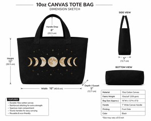 Bolsa de Lona Negra con Estampado de Fases Lunares, Estilo Bohemio, Cierre Personalizado para Compras y Viajes, Todas las Temporadas - Product Image 2