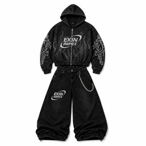 Conjunto de Sudadera con Capucha y Cremallera Delantera con Lavado Ácido y Pedrería, y Pantalones de Pierna Ancha, con Gráfico de Llama de Cristal, Lavado Vintage, Estilo Urbano Ecológico - Product Image 3