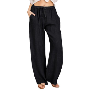 Lightweight Linen Cotton Wide Leg Pants High Waist Drawstring Casual Summer Loose Full Length Solid Color Women's Trousers - Product Image 2