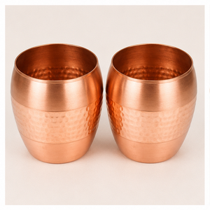 Pure <b>Copper</b> Tumbler Set of 2 Dholak Shaped Hammered Glasses for Ayurvedic Wellness and Natural Immunity Support - Product Image 1