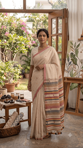 Sari Bhujodi en coton multicolore perlé, tissé à la main, ethnique, de créateur, élégant pour mariage, fêtes et occasions spéciales - Product Image 5