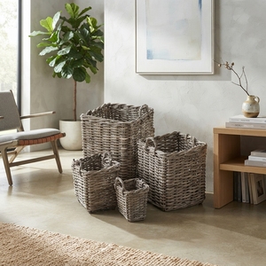 Handcrafted Kubo rattan square planter <b>basket</b> plastic liner woven grey wicker storage bin indoor outdoor <b>plant</b> pot home decor - Product Image 4