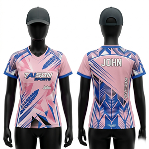 เสื้อแบดมินตันหญิง 150 GSM โพลีเอสเตอร์พรีเมียม ระบายอากาศได้ดี สีชมพู สีฟ้า ลายเรขาคณิต พิมพ์ลายแบบ Sublimation พร้อมสกรีนชื่อและโลโก้ตามสั่ง - Product Image 1