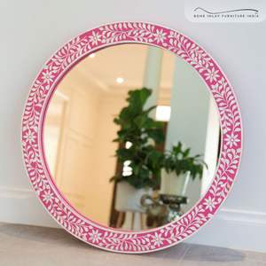 Miroir mural rond en os incrusté de motifs floraux noirs et blancs, design traditionnel artisanal, décoration pour salle de bain et chambre à coucher - Product Image 2