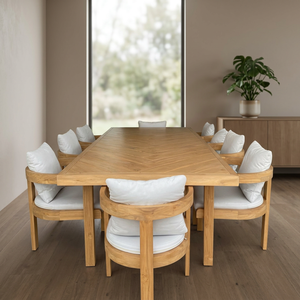 OEM ODM <b>4</b>/6/8 Seat Outdoor <b>Dining</b> <b>Set</b> Modern Solid Wood Frame Garden Furniture White Cushions Custom Cushions + Colors + <b>Fabric</b> - Product Image 1