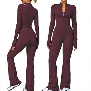 Brown Full Length Flared Leg <b>Jumpsuit</b> With Quarter Zip High Waist Seamless Four Way Stretch Yoga Set - Product Image 4
