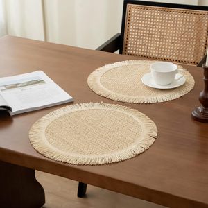 Round Natural Jute Fiber Placemat Solid Color Woven Fringed Edge Non-Slip <b>Table</b> <b>Mat</b> for Dining Room Scandinavian Style - Product Image 1
