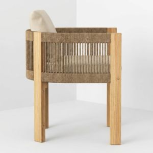 Fauteuil de salle à manger d'extérieur moderne en corde, style côtier, avec dossier tonneau en bois massif, pieds carrés et coussin de siège, pour terrasse et jardin, vente en gros et export - Product Image 3