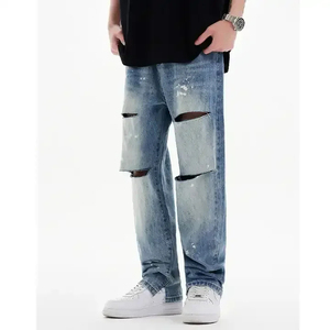 Men's Distressed Ripped <b>Denim</b> Pants Elastic Waist Straight Fit Street Style Cotton <b>Material</b> Spring Casual Wear - Product Image 2