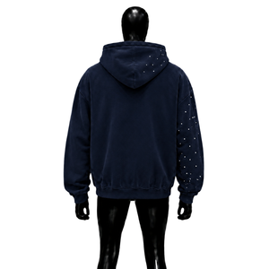 Sweat à capuche zippé bleu marine oversize avec motif abstrait, style streetwear décontracté, mode unique, confort et style garantis - Product Image 2