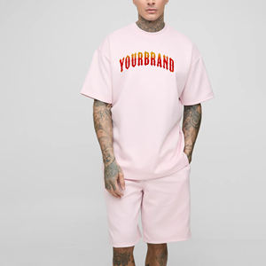 Conjunto de camiseta y pantalones cortos de algodón rosa para hombre, con cuello redondo, informal, para verano, con estampado de letras y logotipo en la parte delantera, de tela tejida. - Product Image 5