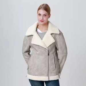 Women Shearling Bomber <b>Jacket</b> With Fur Trim Zipper Closure Winter Warm Coat Full Sleeve <b>Suede</b> <b>Leather</b> Style - Product Image 5