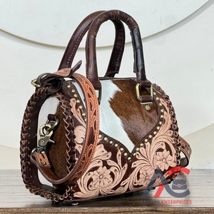 Vintage Western Genuine Cowhide <b>Leather</b> <b>Tooled</b> Floral Western Medium Boston Speedy Shoulder Handbag for Women's Custom Logo Bag - Product Image 1