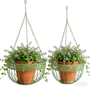 Green Metal <b>Hanging</b> Flower Pot <b>Basket</b> with Decorative Floral Rim Chain Support and Hook for Balcony Patio Garden Outdoor <b>Indoor</b> - Product Image 1