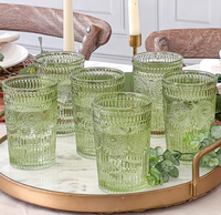 Gelas Minum Hijau Bergaris Vintage, Hijau Sage, Motif Bunga Matahari Timbul Mewah, Dapat Digunakan Kembali, Kapasitas Besar, Aman untuk Mesin Cuci Piring dan Microwave