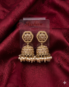 Elegantes Pendientes Jhumka Chapados en Oro Antiguo, Pendientes Jhumki con Perlas y Piedras Kundan Tradicionales Indias, Joyería Étnica para Mujer - Product Image 3