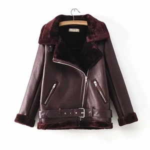 <b>Men's</b> Black PU Leather Moto Jacket With Faux Fur Lining Zipper Closure <b>Belted</b> Winter Biker Coat Women's Thickened Fur All-In-One - Product Image 6