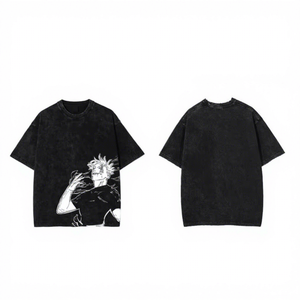 เสื้อยืดโอเวอร์ไซส์สีดำสำหรับผู้ชาย แขนปกติ สไตล์สตรีท ผ้าฝ้าย 100% คอโอเวอร์ไซส์ - Product Image 1