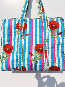 Designer <b>White</b> Blue Cotton Tote <b>Bag</b> With Red Floral <b>Hand</b> print Bohemian Style Casual Zipper Shopping Travel Handbag for Women - Product Image 6