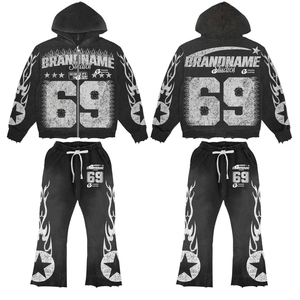 Custom Oversize Acid Wash Streetwear Sweatsuits Baggy Rhinestone Heavyweight <b>Tracksuit</b> Cotton Men High Quality Zipper Hoodie - Product Image 1