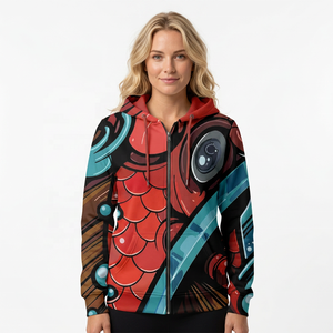 Veste unisexe rouge à imprimé abstrait 3D avec fermeture éclair longue sur le devant, en polaire polyester décontractée pour l'hiver - Product Image 6
