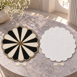 Set de table en verre noir ivoire perlé à motif de pétales alternés |   Tapis festonnés modernes faits à la main, résistants à la chaleur et écologiques - Product Image 3