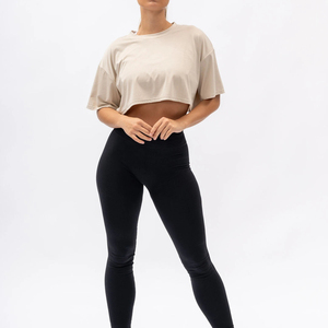 T-shirt court en coton beige pour femme, col rond, manches courtes, couleur unie, style décontracté, printemps-été - Product Image 1