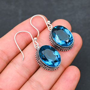 Boucles d'oreilles personnalisées en argent sterling 925 avec topaze bleue créée en laboratoire, 1,9 pouce, bijoux en pierres précieuses faits à la main, boucles d'oreilles fines antiques, cadeau pour femme - Product Image 1