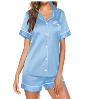 Ensemble pyjama en satin violet pour femmes, manches courtes, col rabattu, boutons sur le devant, couleur unie, vêtements de nuit d'été