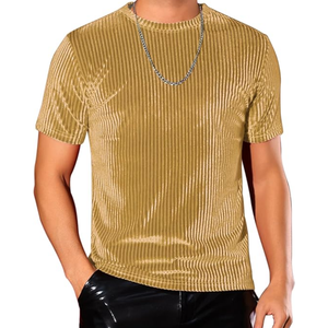 Camiseta de terciopelo acanalado de manga corta ajustada dorada para hombre, camiseta de terciopelo con rayas verticales, top liso de lujo para culturismo y gimnasio - Product Image 1