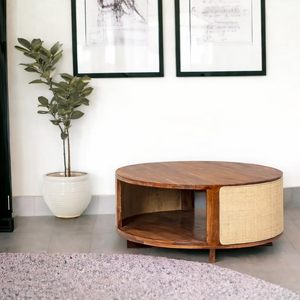 Table basse en bois massif Sheesham avec design rond en rotin, finition teck, table centrale avec rangement pour le salon, décoration intérieure - Product Image 4