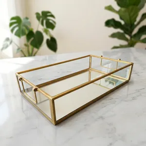 Modern Luxury Lacquered Brass Glass <b>Mirror</b> Storage Tray Rectangle Design Single Tier <b>Vanity</b> Organizer for Bathroom Jewelry - Product Image 5