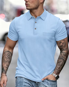 Men's Light Blue Solid Color Short Sleeve Pique for Shirt Regular Fit Casual Breathable Digital Printed Jersey Fabric - Product Image 1