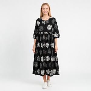 Black Floral Print 100% Cotton Handmade <b>Three</b> Quarter Sleeve Maxi Dress Button Front Modest Casual Daily Wear Natural Waist - Product Image 1