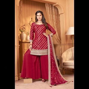 Trajes Palazzo estéticos indios bordados para mujer con diseño de dobladillo y Dupatta - Product Image 3