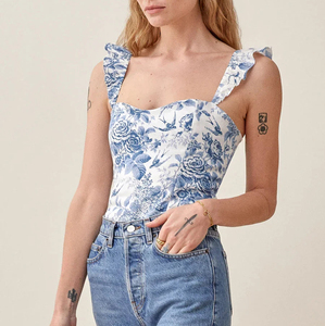 Custom Logo Breathable Knitted Short Women's Tank <strong>Top</strong> <strong>Blue</strong> White Square Neck Ruffle Strap Sleeveless Summer <strong>Cami</strong> - Product Image 1