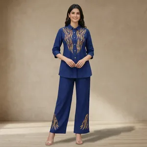 Ensemble 2 pièces brodé bleu pour femme, haut et pantalon en coton Oxford à manches trois quarts, coupe ample, élégant, pour toutes les saisons - Product Image 1