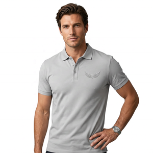 Polo en coton à manches courtes gris pour homme avec logo brodé en forme d'aile, style décontracté, coupe classique - Product Image 3