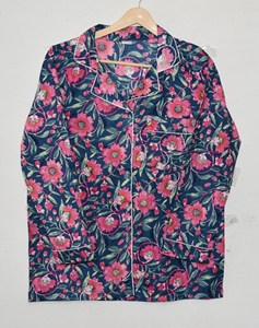 Conjunto de pijama de algodón con estampado de flores rosas Sanganeri, ropa de dormir suave de secado rápido, ropa de dormir india de algodón, conjunto de loungewear para mujer - Product Image 3