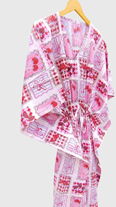 Women's Pink Patchwork Print <b>Kimono</b> Robe V Neck Short Sleeve Drawstring Knee Length <b>Cover</b> <b>Up</b> - Product Image 2