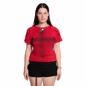 Women's <b>Red</b> Dip Dye <b>Crop</b> <b>Top</b> Short Sleeve O-Neck Knitted Breathable Casual T-Shirt Spring Summer Style - Product Image 6