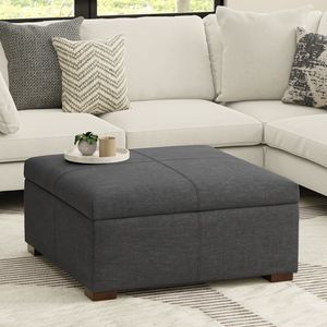 Pouf contenitore rettangolare Gabbie da 48 pollici di larghezza in lino poliestere grigio ardesia - Sgabelli e pouf - Product Image 1
