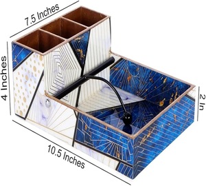 Porte-serviettes en résine et bois avec emplacement pour couverts, motif géométrique bleu, organisateur de table pour restaurant et café, support à mouchoirs, boîte à cuillères et fourchettes - Product Image 1