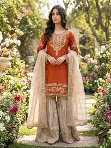 Kurti en soie GMY lourde avec broderie Dori-sequins et travail de perles rivetées, ensemble complet avec Plazzo et Dupatta entièrement cousus, pour femme, style ethnique - Product Image 5