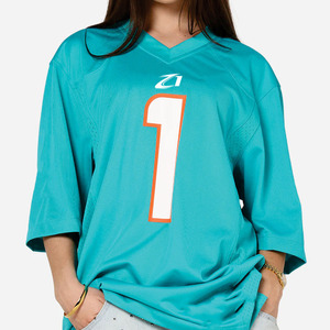 Maillot de football américain respirant en maille bleu sarcelle, col en V oversize, imprimé numéro, streetwear, chemise de sport bleu clair, fabricant OEM - Product Image 3